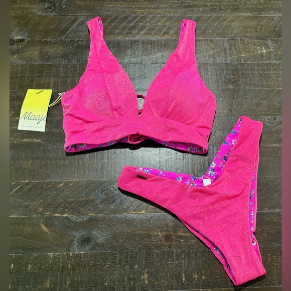 NWT Maaji Reversible Pink Shimmer Floral Bikini Top Bottom Swimsuit Sz Medium - Picture 16 of 16